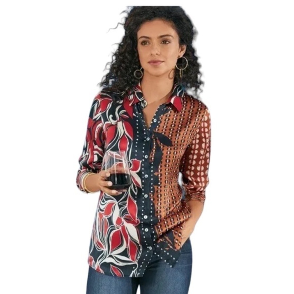 Soft Surroundings Red Navy Brown Mixed-Print Button Front Blouse
